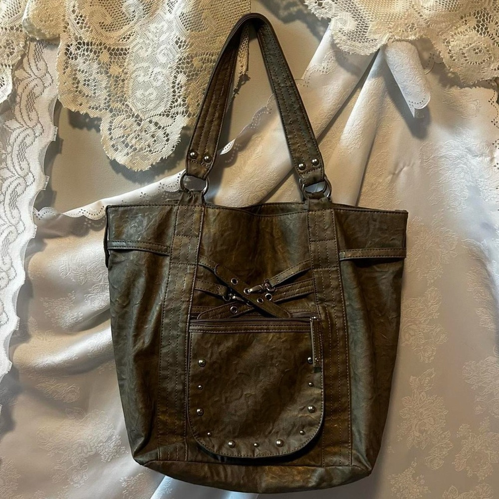 Dark Grey Leather Tote Bag with Studded Front Pocket